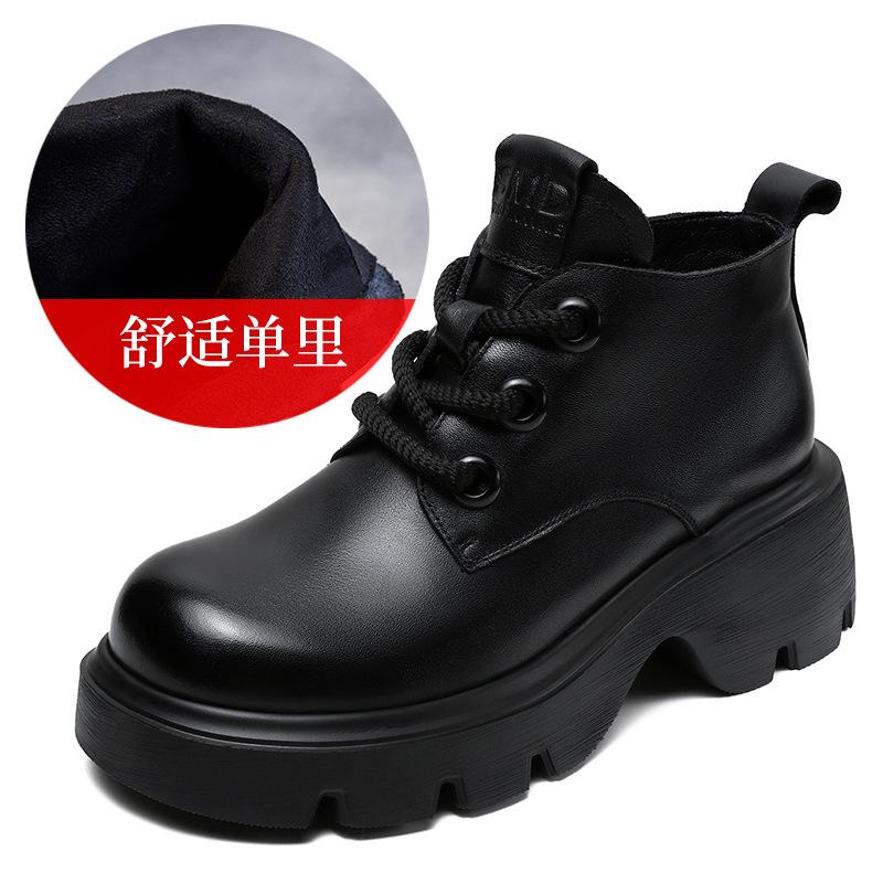 Leather high-top women's shoes spring and autumn new thick-soled heightening fashion lace-up short boots British retro style and ankle boots