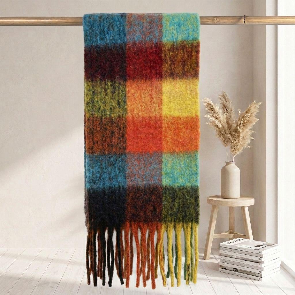 Women's High-Grade Colorful Plaid Mohair Scarf - Thick, Warm, and Versatile for Winter