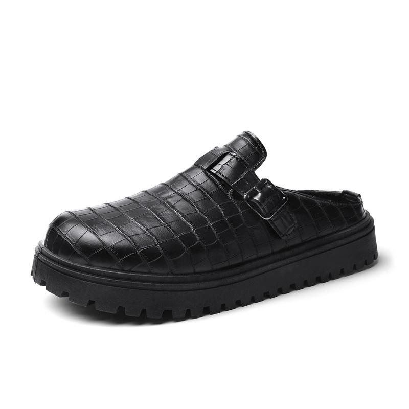 Black Platform Mules Mens Backless Loafers Slippers Thick Bottom Half Shoes For Men Closed Toe Sandals Semi-Drag Casual Shoes