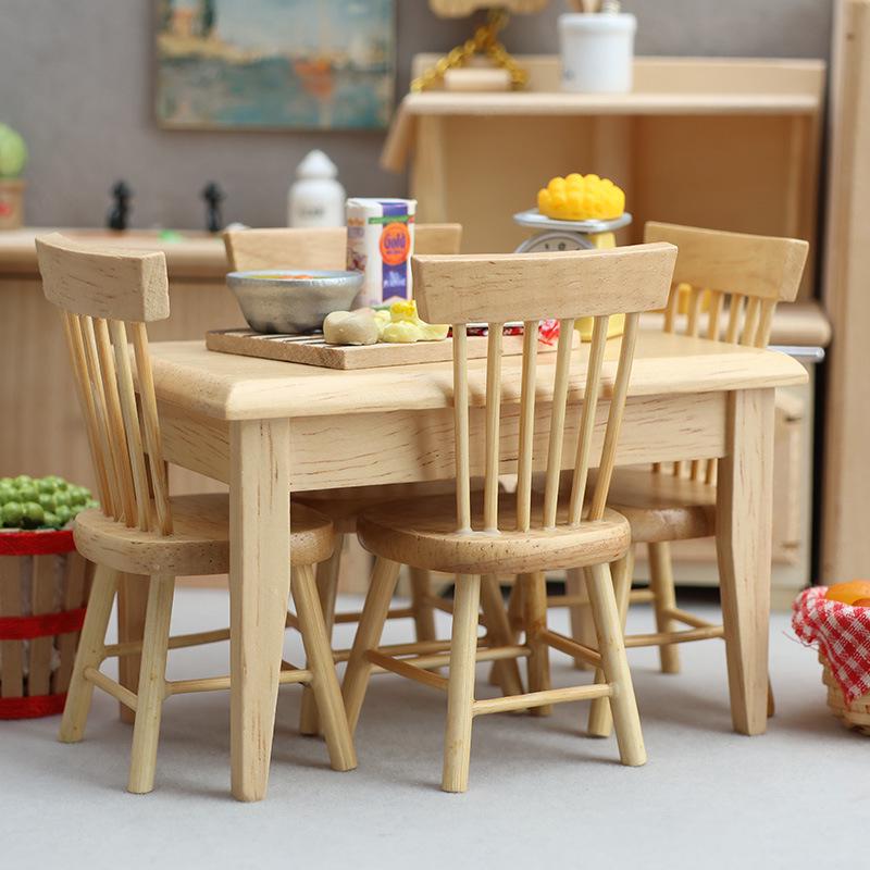 1:12 Miniature Wooden Dining Set: 5-Piece Table & Chairs