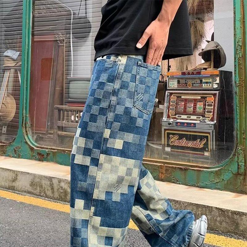 JYL Men's Checkered Jeans Autumn Thin Loose Wide-Leg Trendy Casual Denim Pants