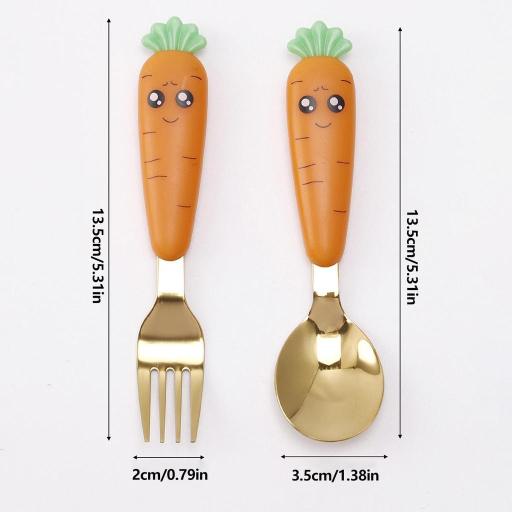 Set di Forchetta e Cucchiaio in Acciaio Inossidabile con Manico a Forma di Carota per Bambini