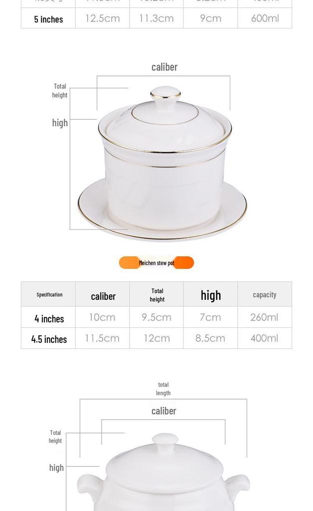 Pure White Ceramic Water-Bath Stew Pot with Gold Rim - Hotel & Commercial Grade, Ideal for Chinese Shaxian, Bird's Nest, and Steam Egg Dishes.