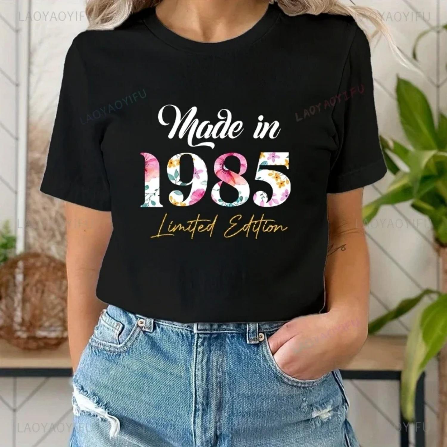 

40th Birthday Gift for Women Born in 1985, Women s Vintage Style Fashion Shirt, Spring summer Short-sleeved Cotton T-shirt S чёрный