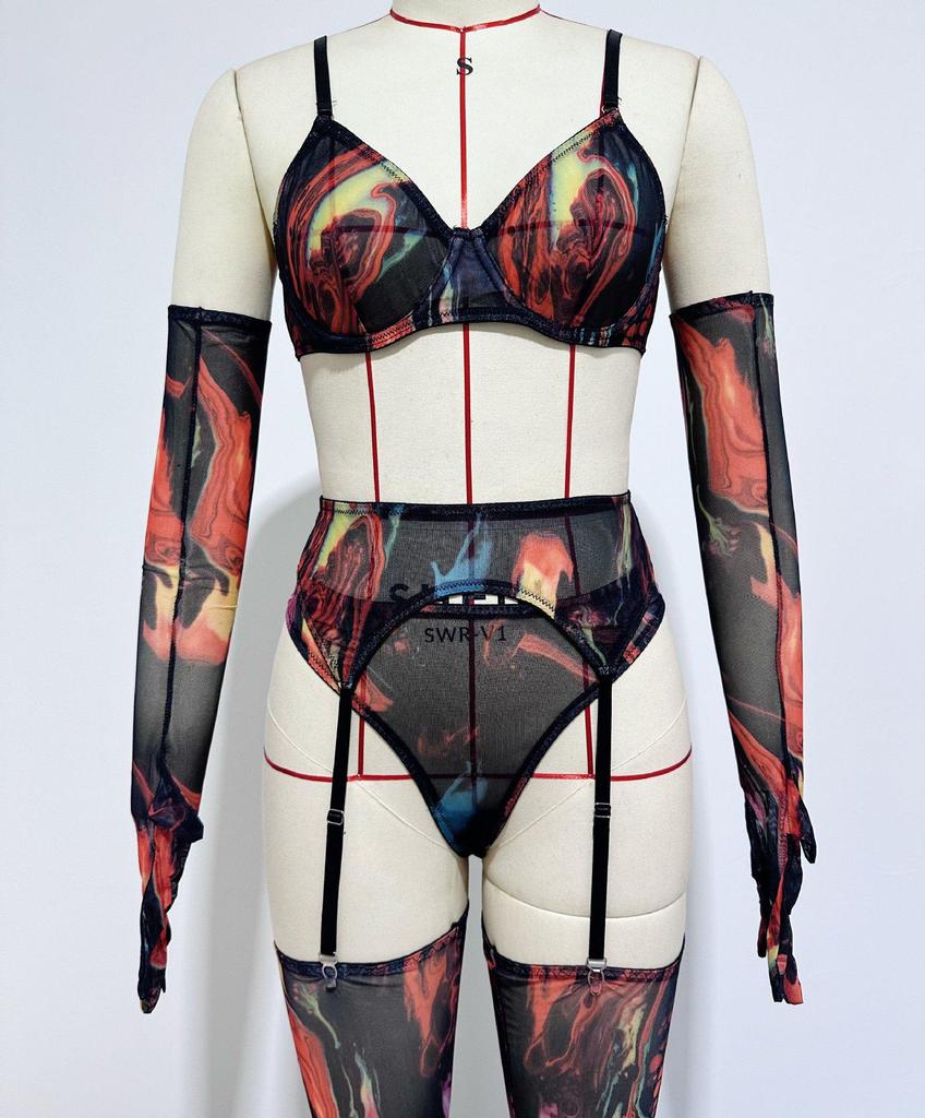 "Colorful Tie-Dye European & American 5-Piece Lingerie Set with Gloves and Stockings"