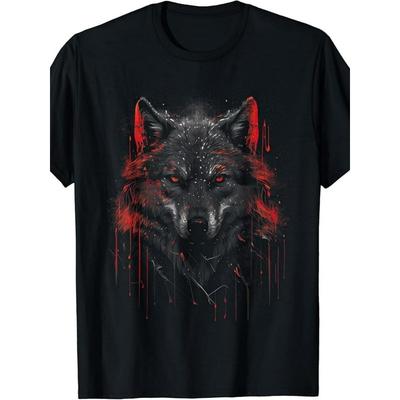 European Sizes Men's Retro Wolf Pattern T-shirt-short Sleeve T-shirt Eye-catching Red and Black Wolf Print-four Seasons Casual Outdoor Wear