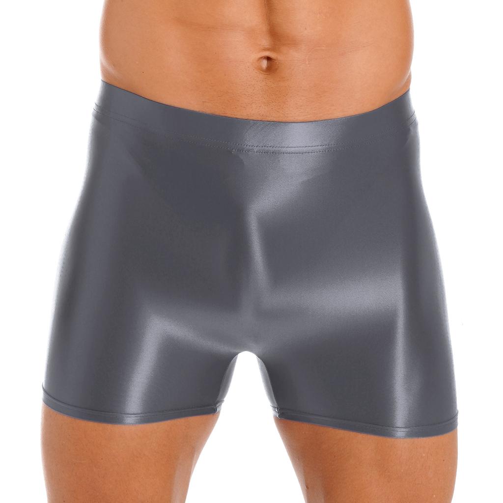 Men Glossy Mid Waist Shorts Elastic Waistband Short Leggings for Yoga Swimwear Sportswear Sleepwear