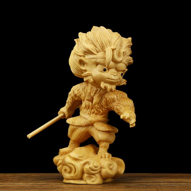 Boxwood Hand-carved Sun Wukong Statue Cartoon Creative Wood Carving Handicraft Collection Gifts