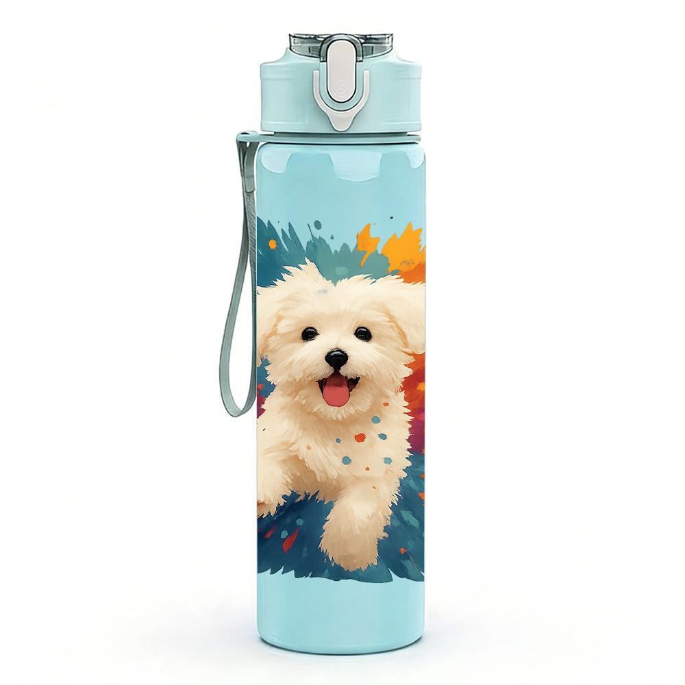1PC White Puppy Color Splash Art 750ml Color Plastic Sports Water Bottle Leakproof Flip Straw Lid For Sports Office Home Use