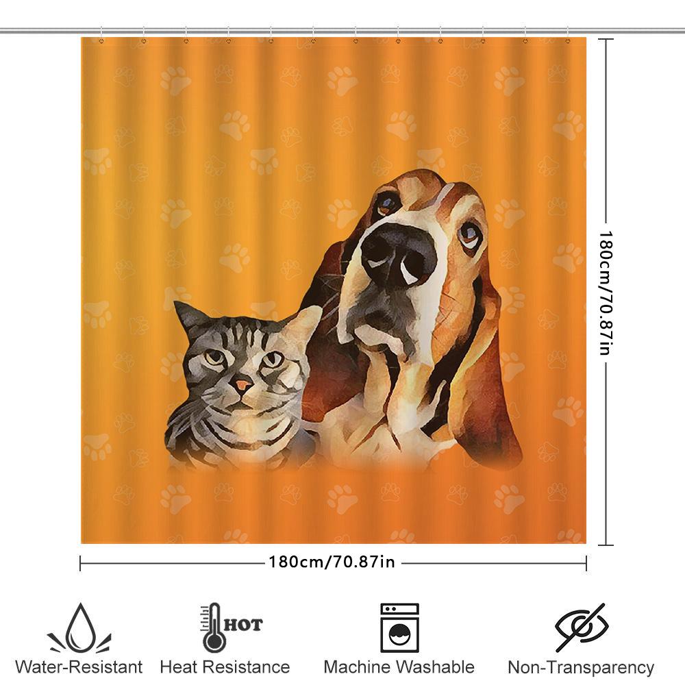Artistic Pet Shower Curtain Dog Cat Print Bath Decor for Home Bathroom Orange Paw Pattern Waterproof Fabric Size 72x84 Inches (1