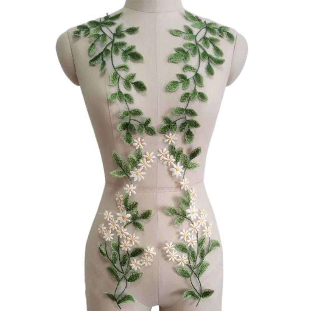 2 Stück Grüne Blatt-Gänseblümchen-Blumen-Bestickte Aufnäher Elegante Exquisite Kleidung Applikation Vintage Kleidung Aufnäher Nähen