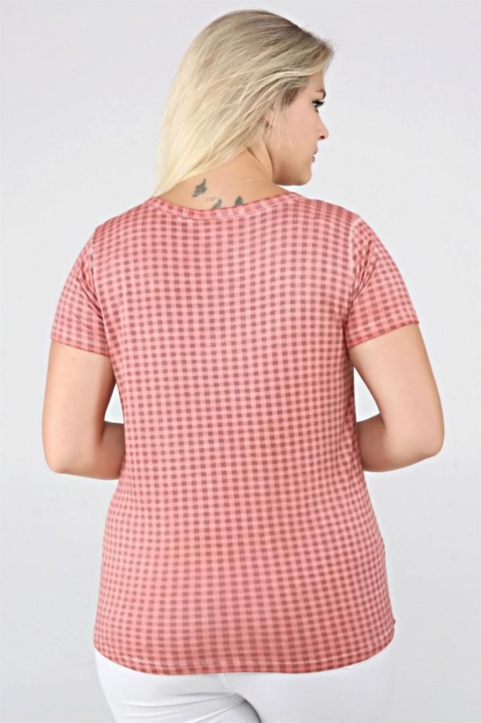 Damen Stil Große Größe T-Shirt Karomuster Ölwaschung Basic T-Shirt-Blau