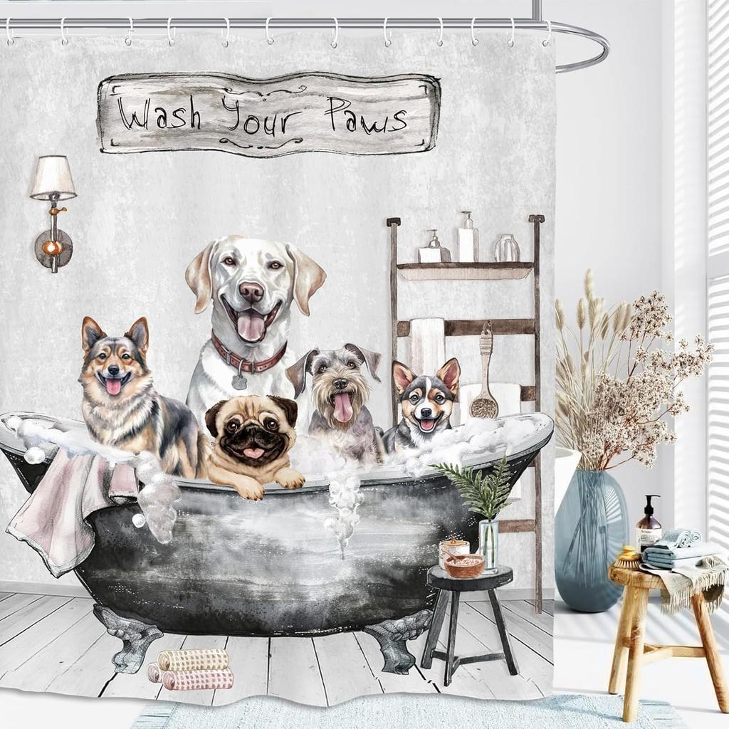 Funny Dogs Cute Shower Curtain Bulldog Pet Hilarious Schnauzer Farmhouse Rustic Bathroom Set Accessories Decor With 12Pack Hoo