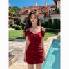 Hong Kong style retro temperament V-neck off-the-shoulder dress for women's summer sexy babes pleated and thin suspender skirt