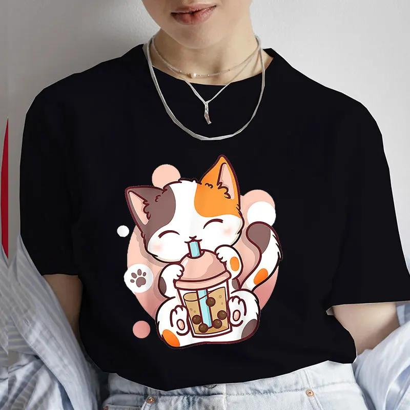 Unisexs Tshirt Casual Kawaii Boba Milk Tea Print Tshirt Bubble Tea Cartoon Unisexs Tee Clothing Cute Cat Anime Tee Shirts Tops