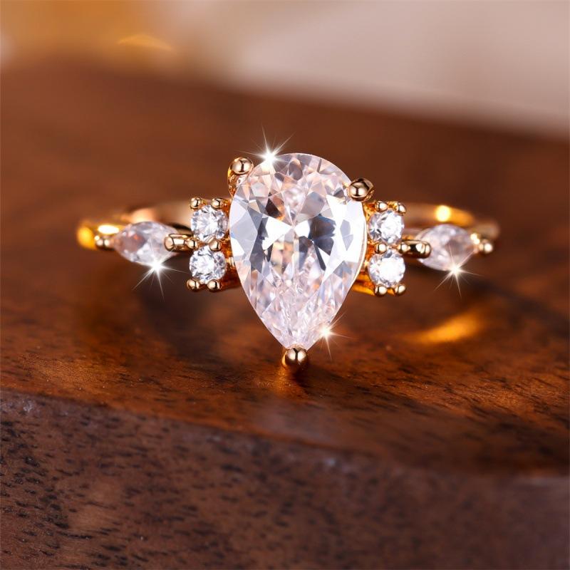 Water drop horse eye shape ring simple personality niche light luxury elegant ring gold white diamond-no. 6
