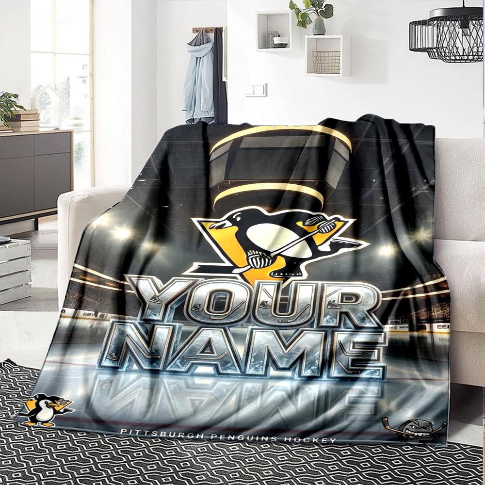 Name Custom Pittsburgh Penguins Logo Print Flannel Blanket High Quality Warm Comfortable Cover for All Seasons Perfect for Gifts Home Decor