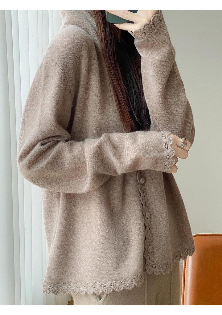 Women's 2025 Wool Knit Lace Button-Up Hooded Cardigan - Solid, Loose, Versatile Base Layer