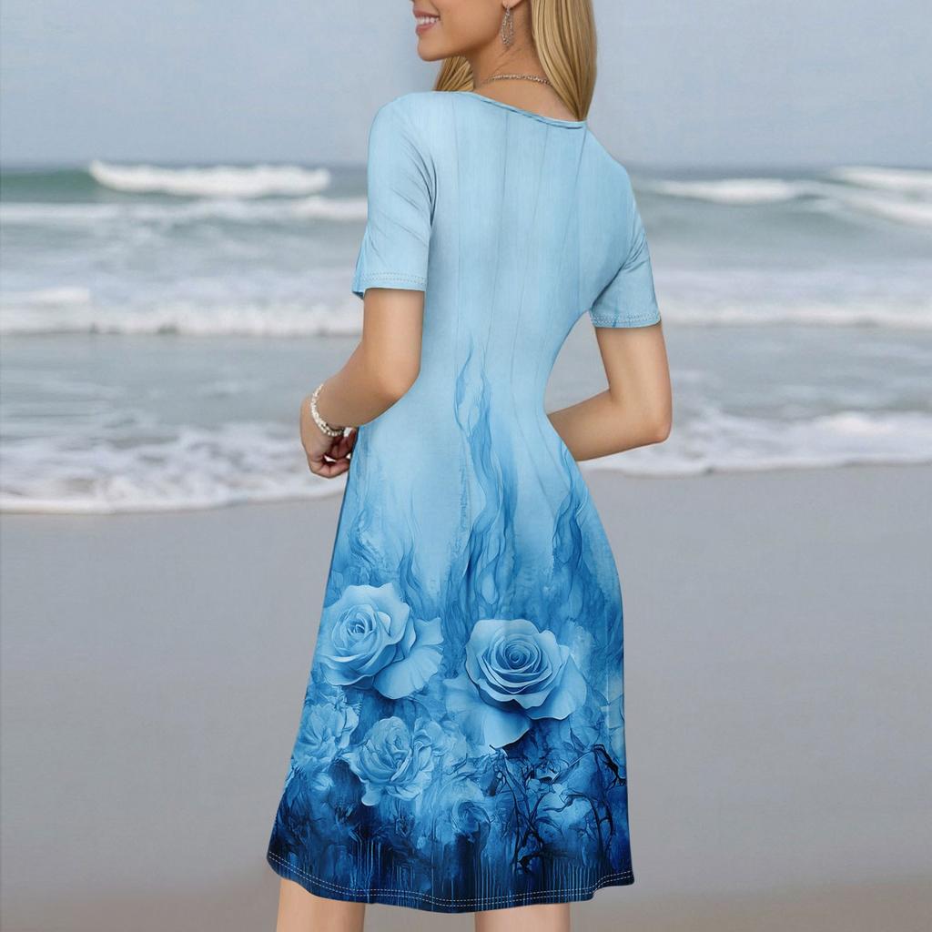 Women's Casual Sundress Summer Boho Beach Dress Floral Blouses For Women O Neck Loose Dresses