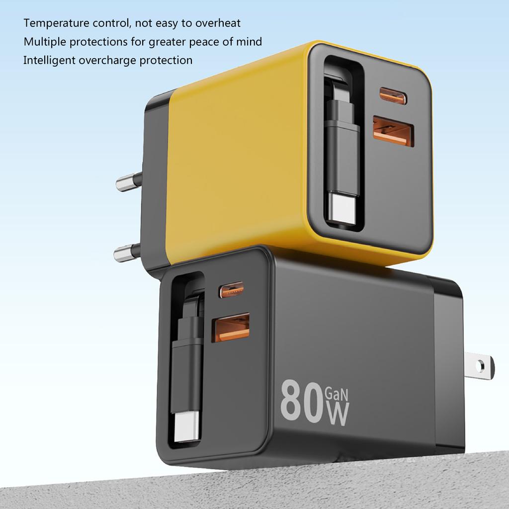 80W Charger Retractable USB C Cable 3 Devices Simultaneous Fast Charge Foldable For Office Travel