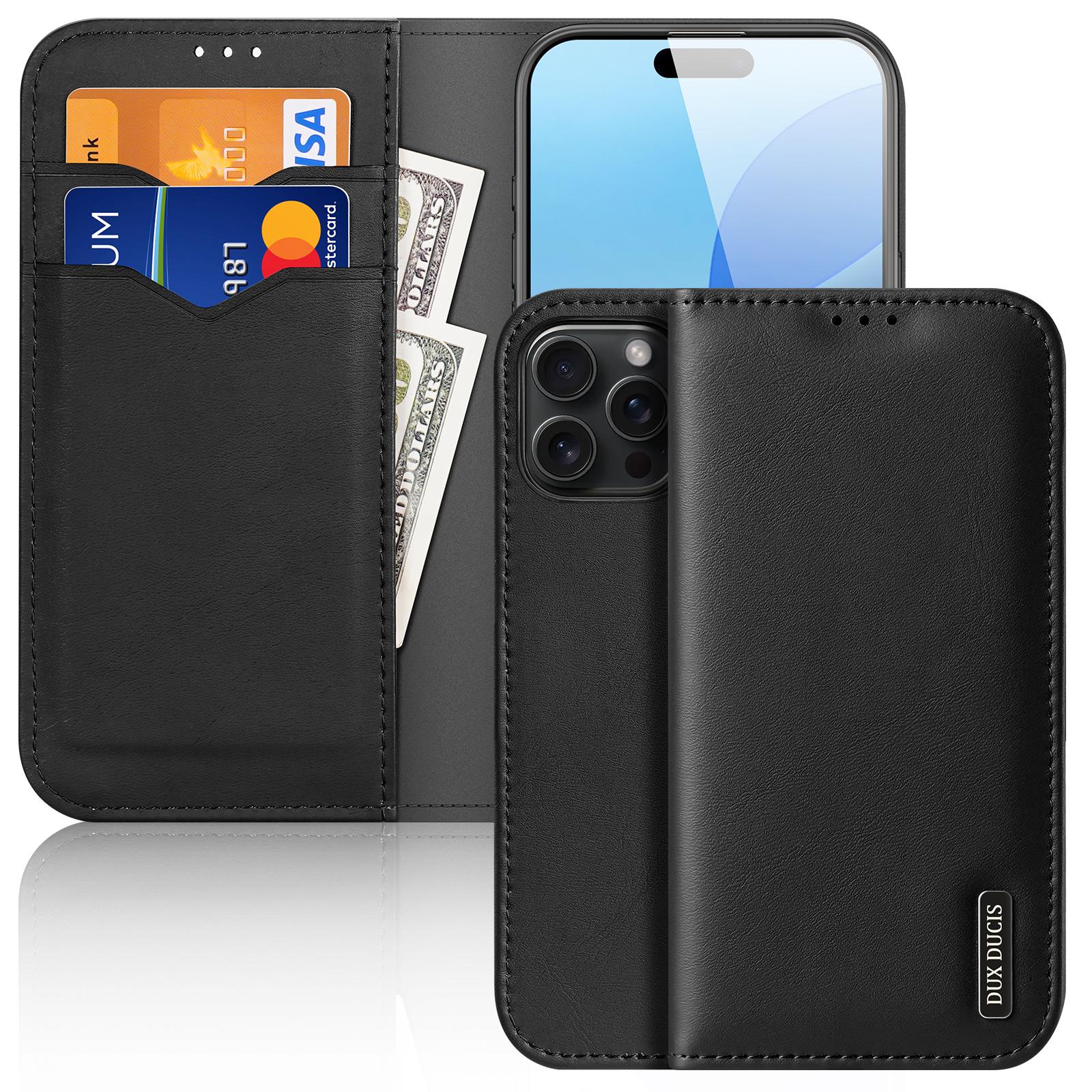 

DUX DUCIS Hivo Series for iPhone 16 Pro Max Case Cowhide Leather RFID Blocking Wallet Cover Black