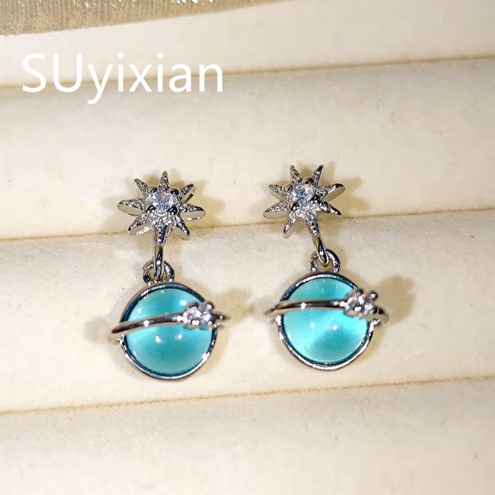 925 Sterling Silver Stylish Small Fresh Blue Stellar Zircon Stud Earrings Birthday Party Anniversary Gift