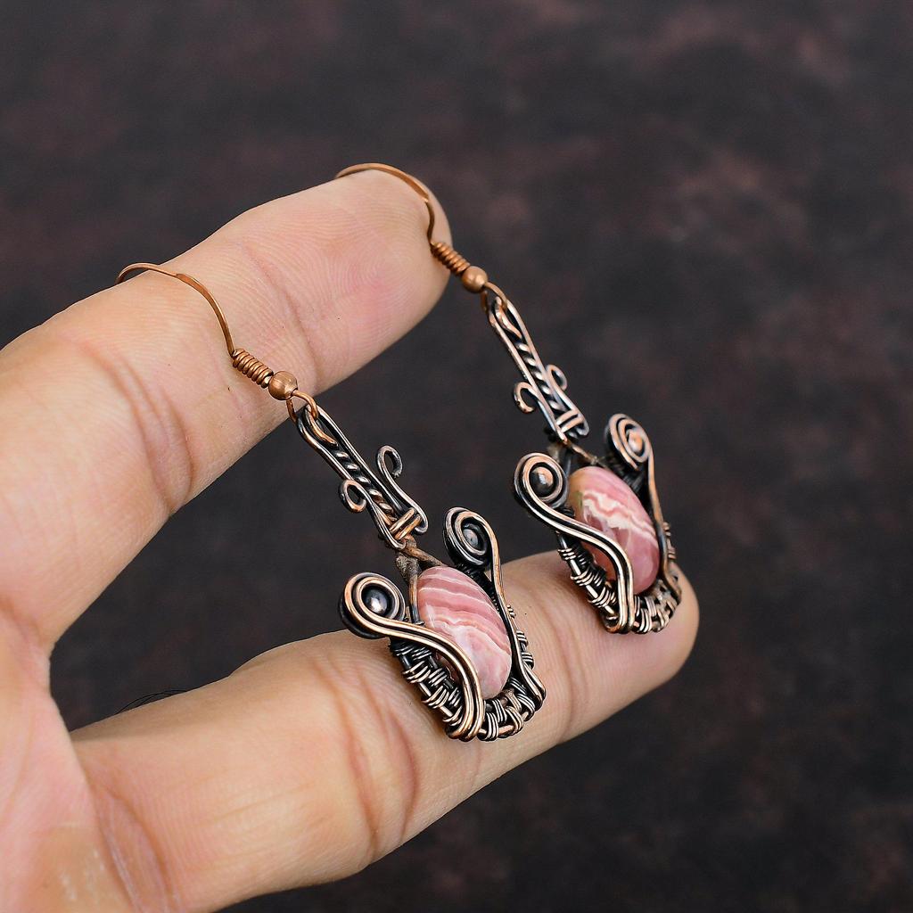 Rhodochrosite Earring Copper Wire Wrapped Earrings Gemstone Copper Jewelry Handmade Earring Unique Style Earring For Gift Wire Wrap Jewelry