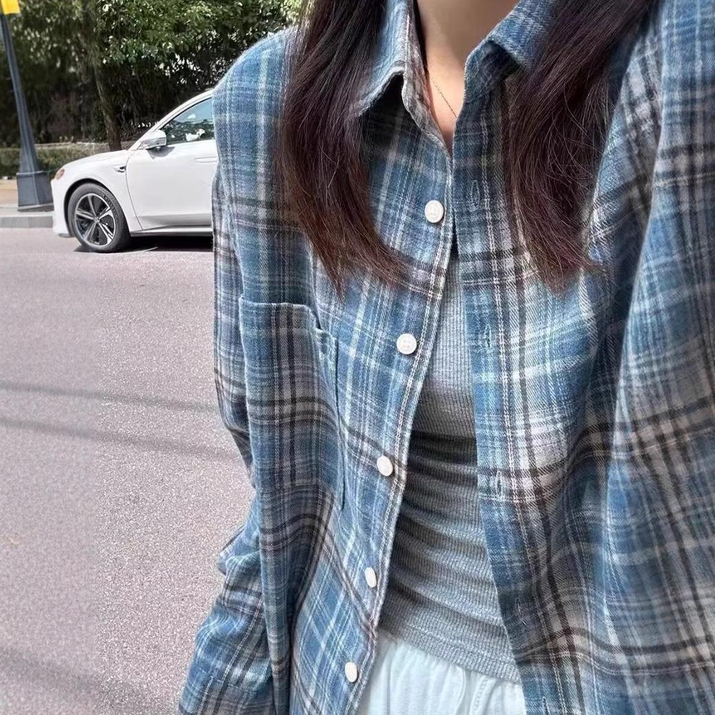 

Унисекс клетчатая рубашка с корейским отложным воротником поло - Сладкий и свежий стиль Small синий