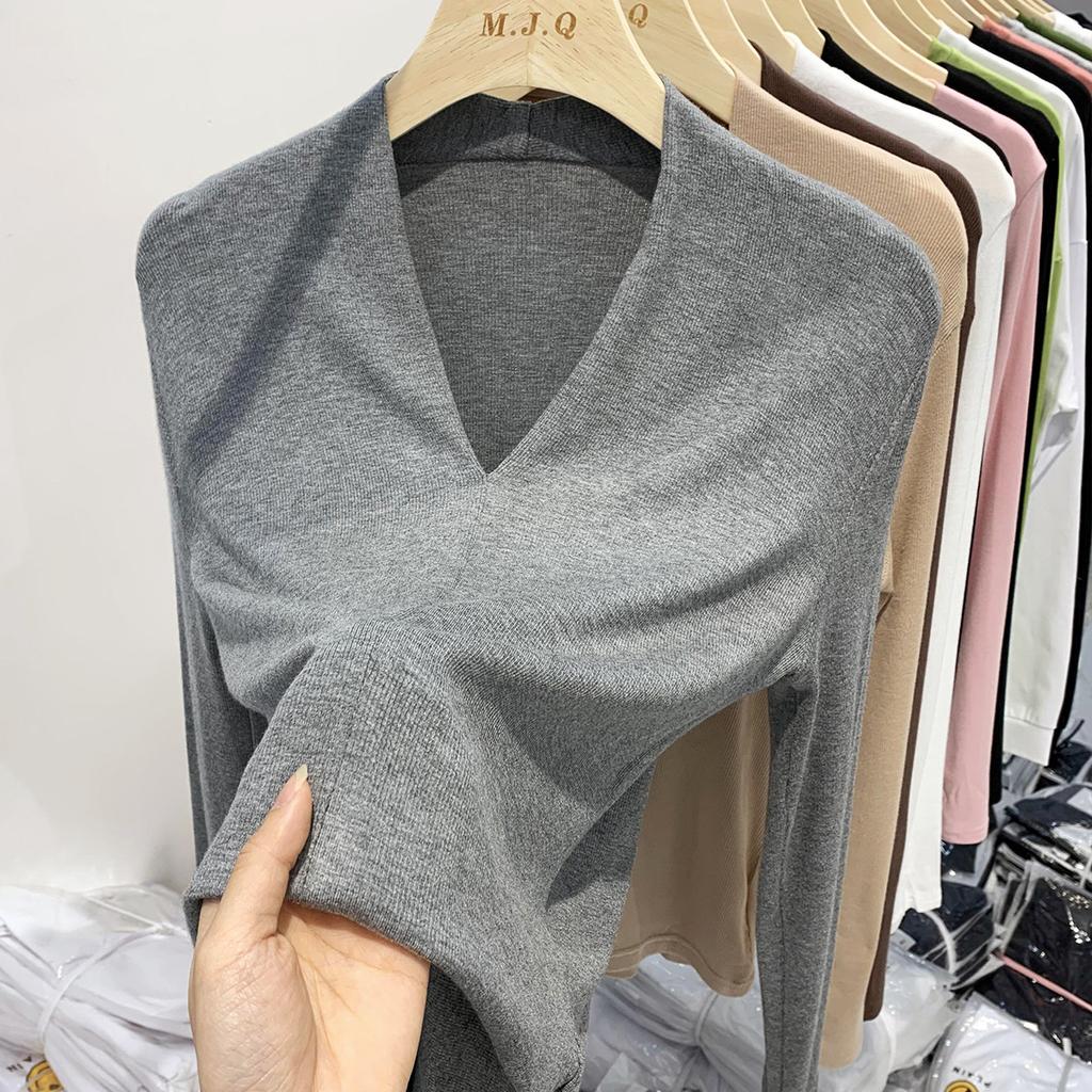 Temperament V-neck Long-sleeved T-shirt Women's Spring New Style High-end Pure Desire Sexy Slim Velvet Slim Bottoming Shirt