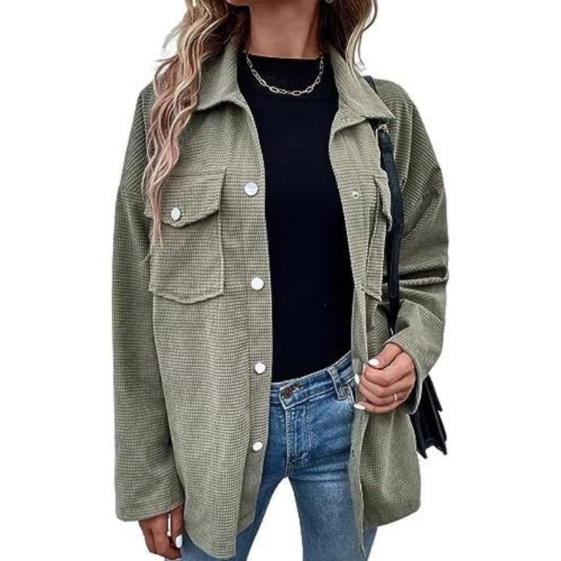 Button Front Flap Pocket Jacket, Casual Solid Color Long Sleeve Drop Shoulder Jacket, Women's