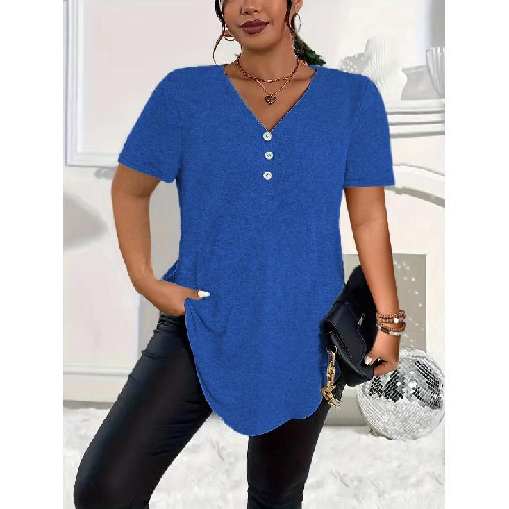 

2025 Женская Летняя Новинка Повседневный Однотонный Топ на Пуговицах с V-образным Вырезом и Короткими Рукавами Большого Размера 6XL синий