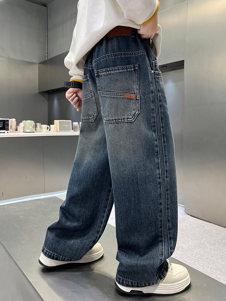 Boys' 2026 Autumn Jeans: Stylish Long Work Pants for Medium and Large Kids