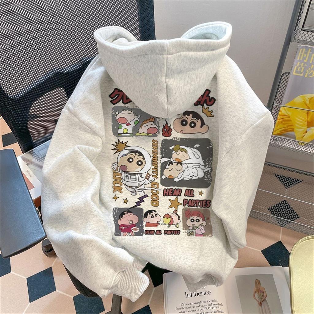 Korean version of cartoon crayon small hooded sweater women's autumn and winter models popular simple and loose trendy brand velvet jacket