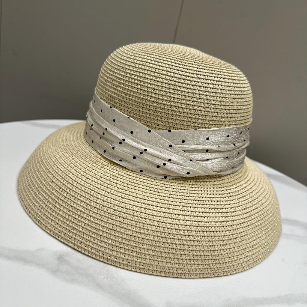 Elegant Polka Dot Ribbon Round Bucket Hat for Women Summer Sun Protection Fashion Outdoor Grass Sun Hat