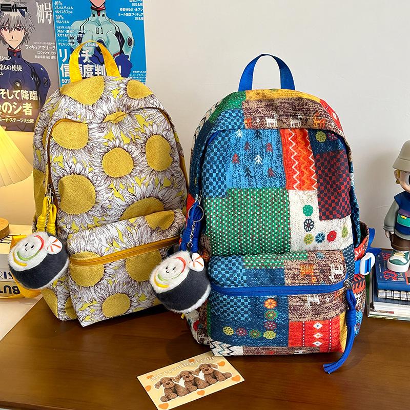 New Trendy and Fashionable Contrasting Colors Ethnic Style Large Capacity Backpack Niche Original Lazy Style Floral Cloth Backpack
