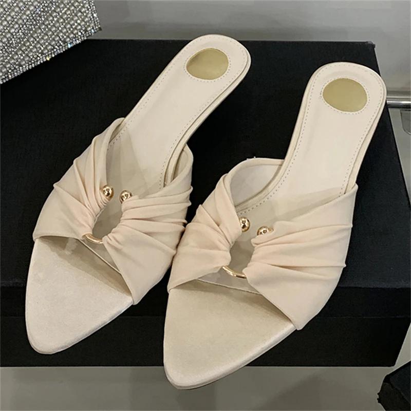 

Мода Eilyken Модный дизайн Плиссированные Ажурные Тонкие Низкие Каблуки Женские Шлепанцы Летние С Острым Носком Вечернее Платье Женская Обувь 35 абрикосовый