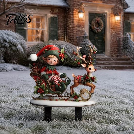 Festive Lawn Stakes Christmas Elf Garden Stake, Reindeer Sleigh Acrylic Yard Art Outdoor Decorations Waterproof Xmas Ornament for Holiday Flower