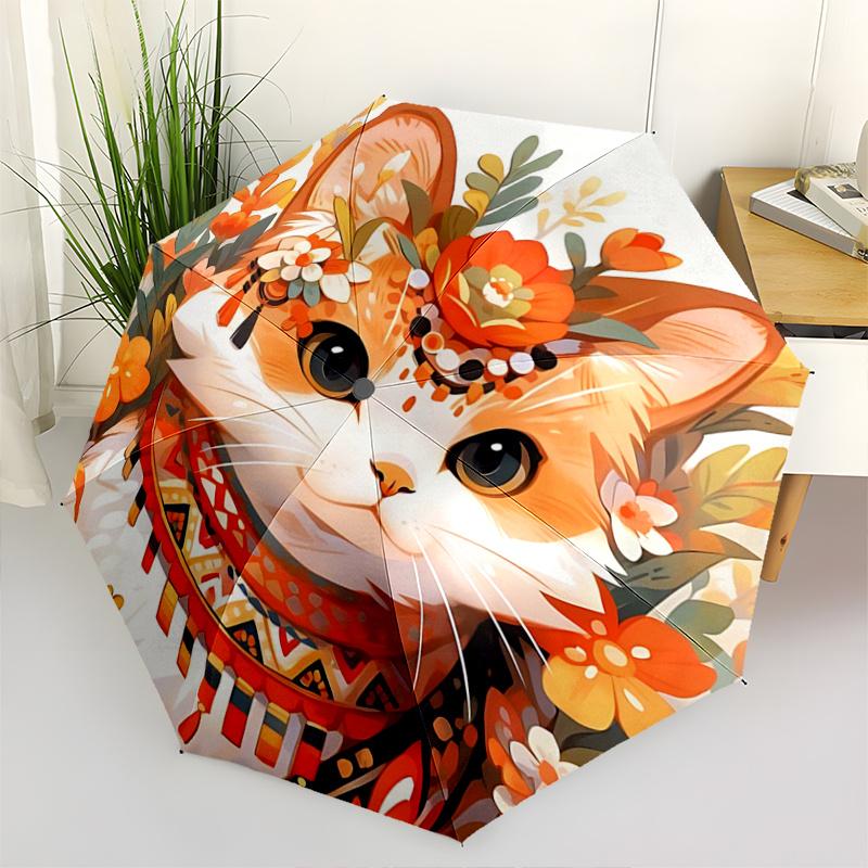 1pc Orange Cat Creative Design Durable Cartoon Folding Umbrella, Portable Compact Umbrella for Men and Women, Suitable for Travel or Daily Use.P073