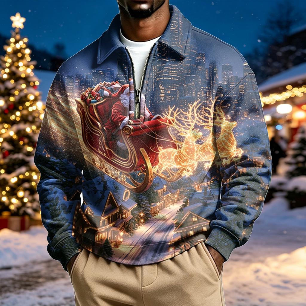 Herren lässiges Weihnachtsdruck Viertelreißverschluss Sweatshirt mit Kragen
