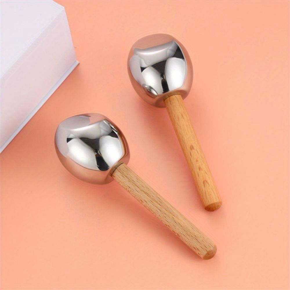 2pcs Wooden Handle Ice Wave Ball Stainless Steel Narrow Pores Face Massage Stick Soothing The Eyes Removing Edema