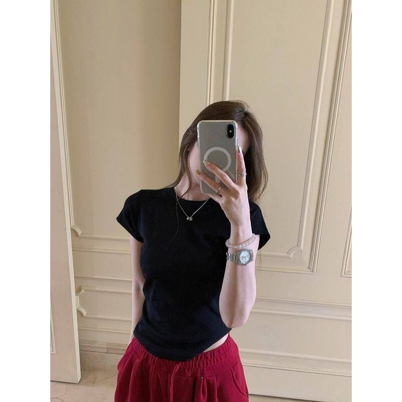 

[210g 40-Count Combed 92% Cotton + 8% Spandex Back Collar] Slim Fit, Flattering, Regular Shoulder Short-Sleeve T-Shirt for Women, Summer Pure Style Black L