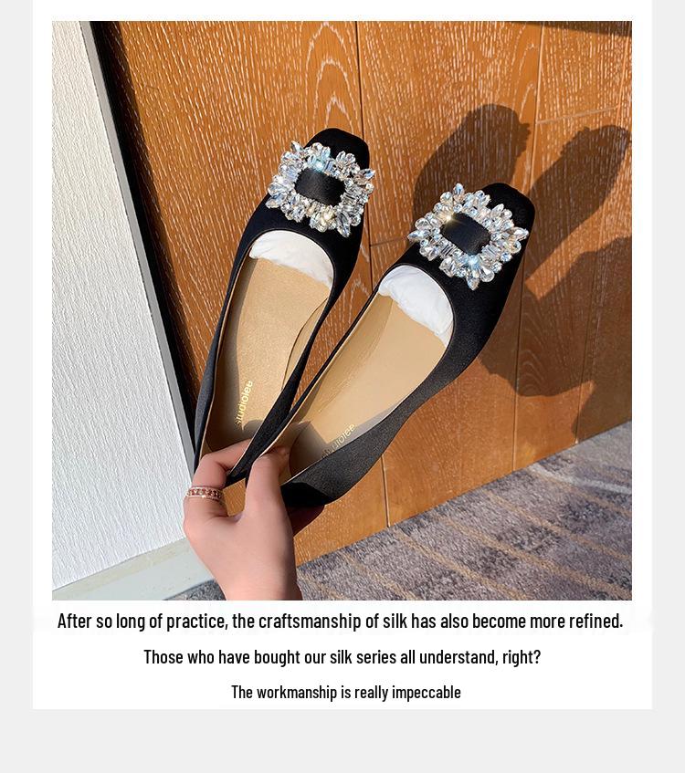 Elegant Spring & Autumn Rhinestone Buckle Square Toe Satin Flats for Women