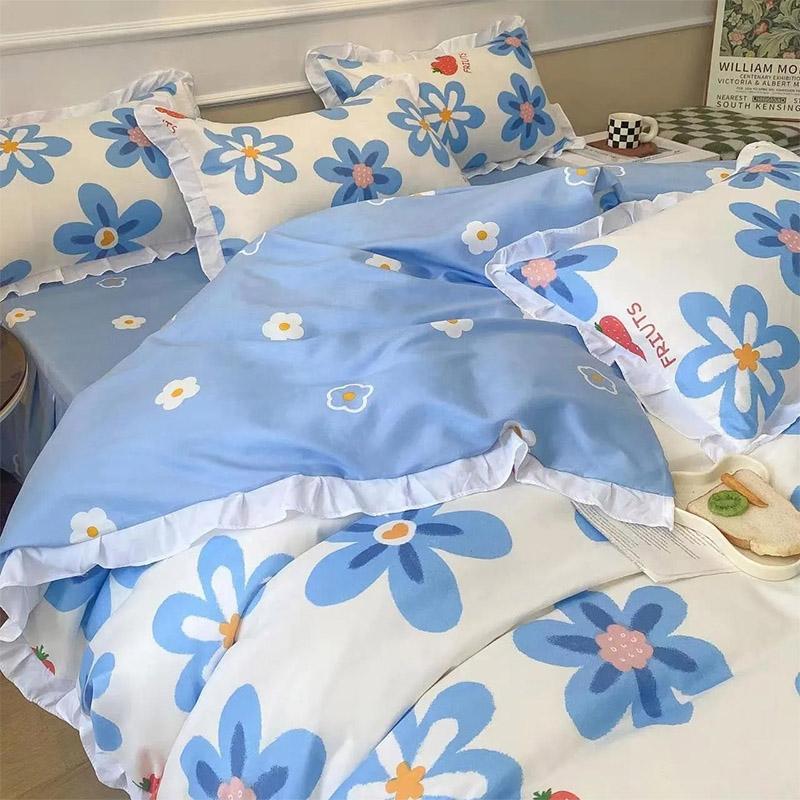 4pcs/set Printing Bedding Set Cute Bed Skirt Comfortable Duvet Cover Bed Sheet and Pillowcases Set Korean Princess Style Bedding