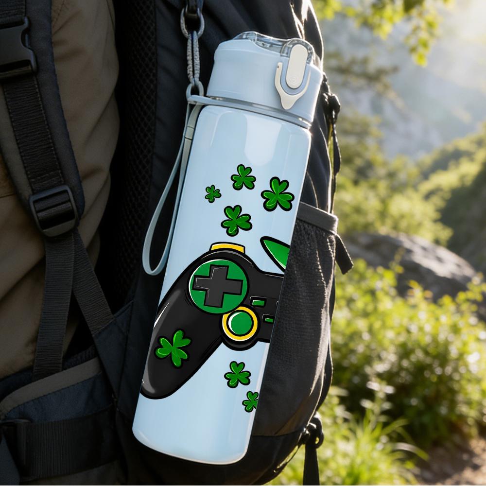 1PC Shamrock Game Controller Graphic 750ml Color Plastic Water Bottle Leakproof Flip Straw Lid For Sports Office Home Use