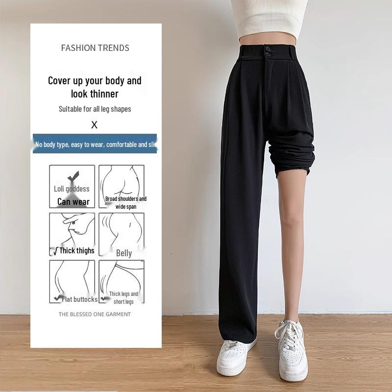 Women's High Waist Black Suit Pants - 2025 Summer Collection, Petite Wide Leg, Draped Straight Trousers
