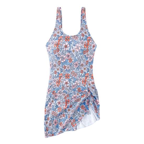 Women Swimsuit U-Neck Sleeveless Padded Swimming Dress Side Knot Irregular Hem Floral Print Monokini