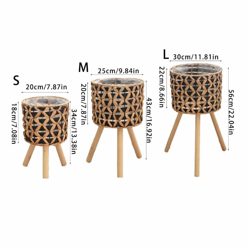 Wood Legged Gourd Grass Plant Stand for Indoor Outdoor Display Hand Woven Planter Basket Flower Pots Storage Container