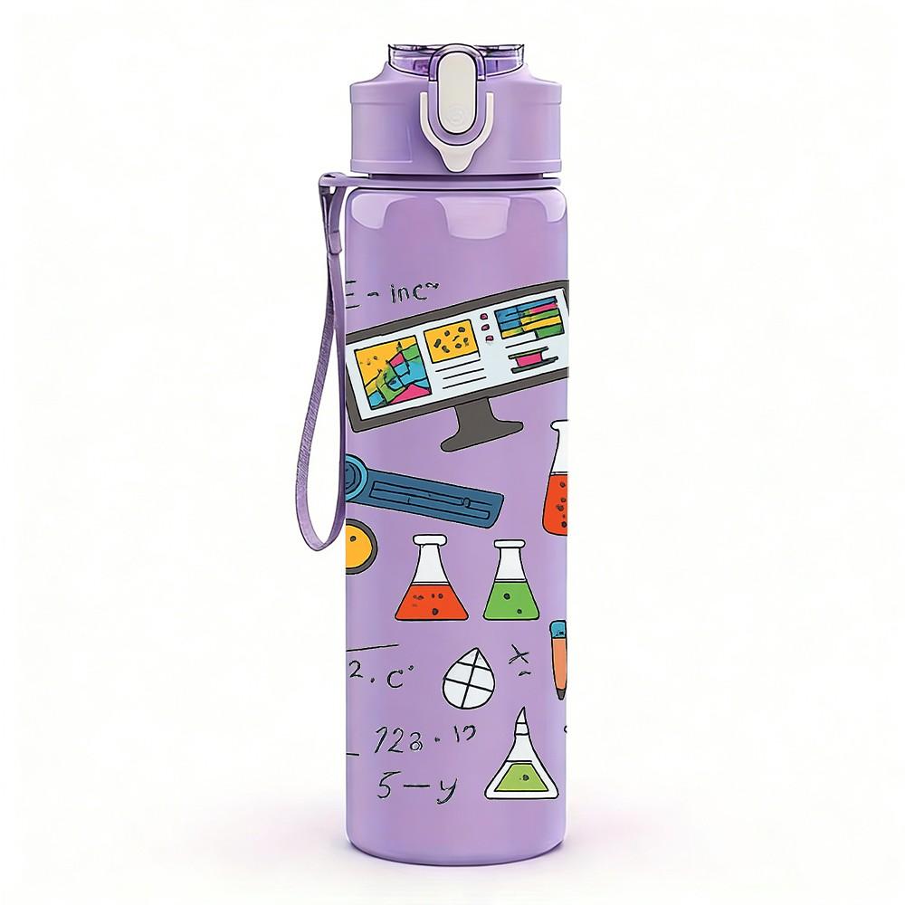 1PC Doodle Mixed Stationery Pattern Print 750ml Color Plastic Sports Water Bottle Leakproof Flip Straw Lid Suitable for Sports Office Home Use