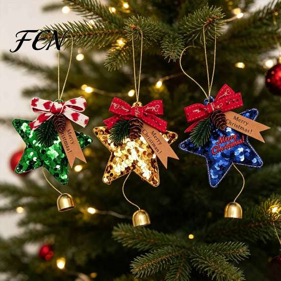 Christmas Atmosphere Decor Glitter Star Bell Ornaments, Sequin Hanging Decoration with Bow Pine Decorative Stars for Parties Cone, Sparkly Tree