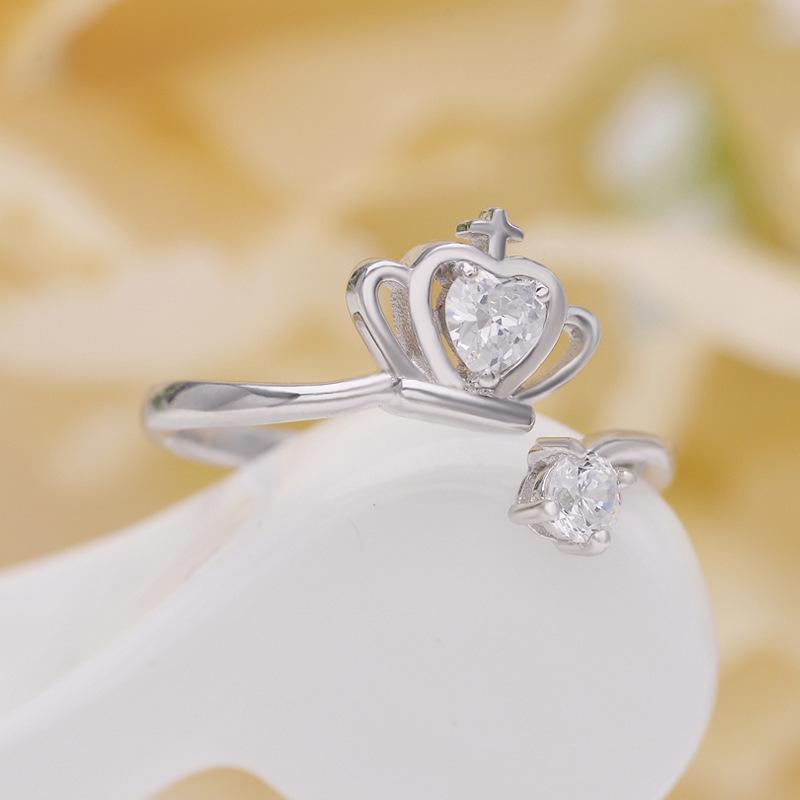 Korean Style Fresh Zircon Crown Heart Open Ring - S925 Sterling Silver